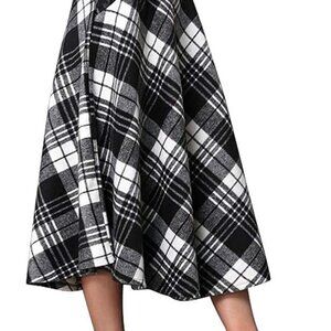 Womens Plaid Wool Skirts Elastic Waist A-Line Pleated Tartan Long Skirts